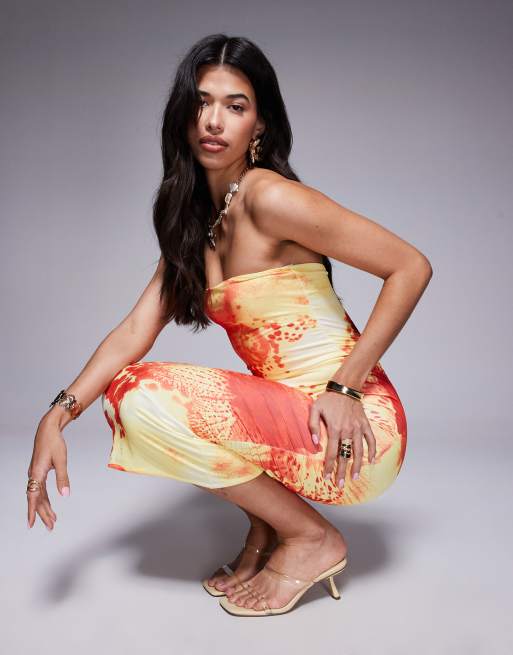 Fashionkilla Double Sculpted Slinky Bandeau Maxi Dress in Yellow and Red Flower print-Multi