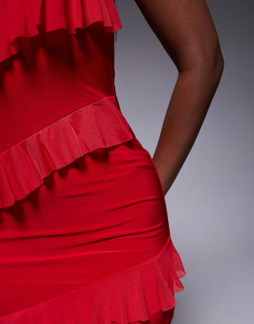 knee length dresses for ladies Bandeau Ruffle Detail Maxi Dress in Red