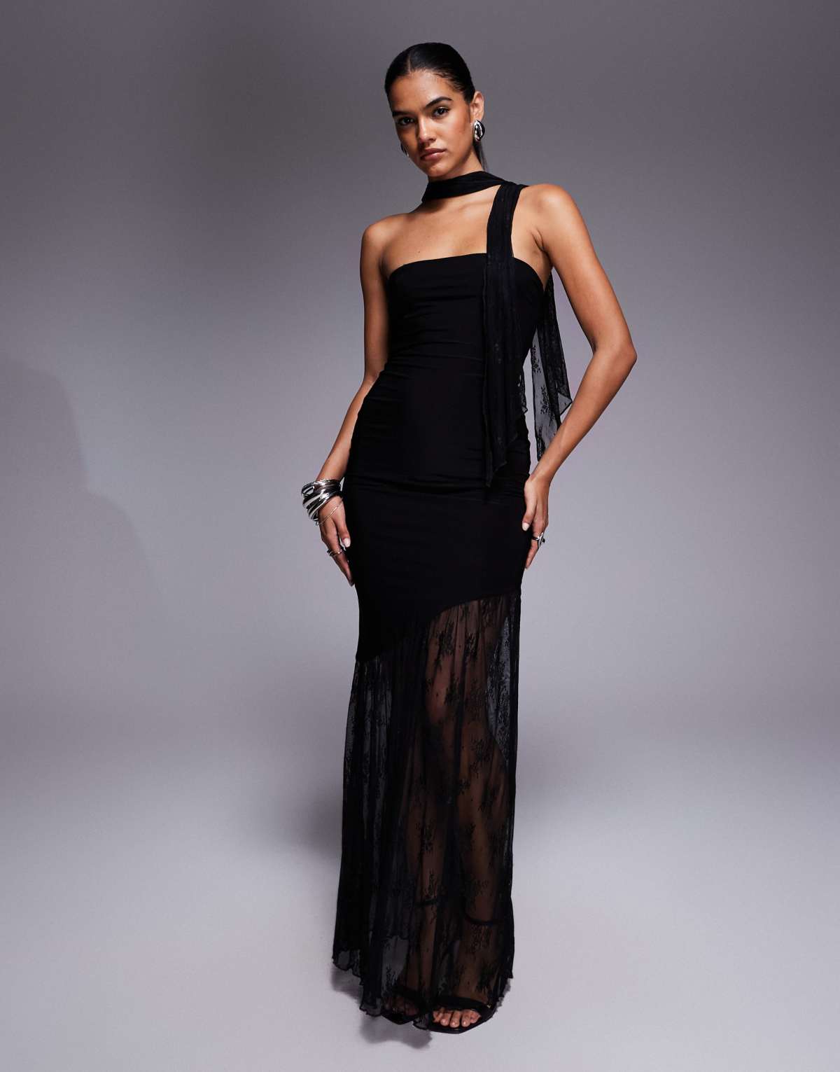 Fashionkilla double sculpted slinky bandeau sheer lace hem scarf detail maxi dress in black