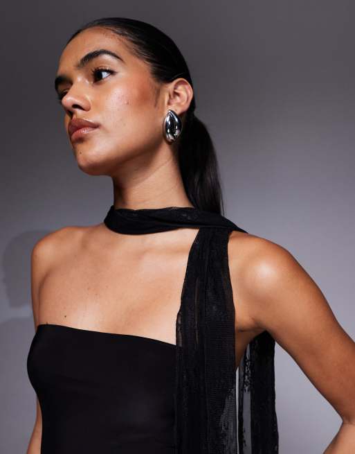 Fashionkilla double sculpted slinky bandeau sheer lace hem scarf detail maxi dress in black