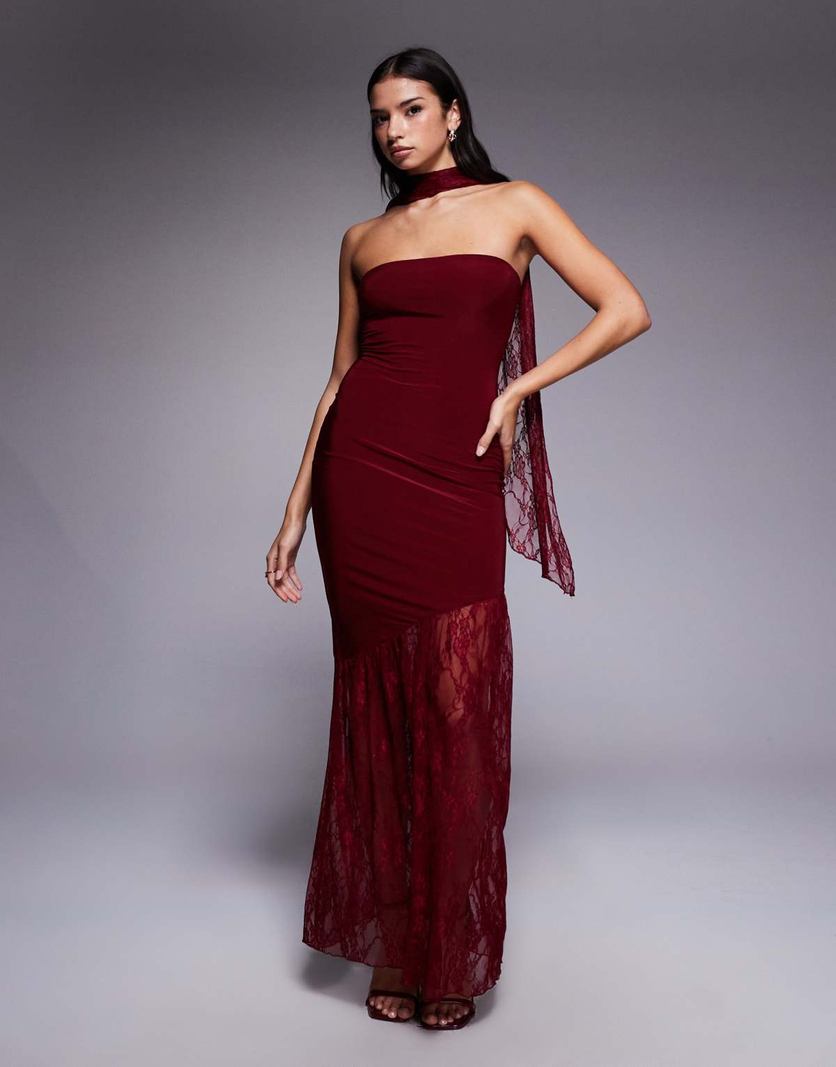 Fashionkilla double sculpted slinky bandeau sheer lace hem scarf detail maxi dress in burgundy