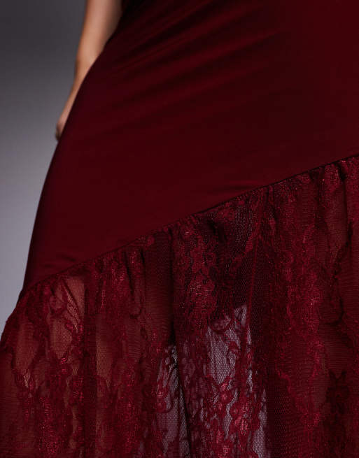 burgundy floral flocked glitter sheer knot detail maxi dress Sparkly Burgundy Beaded One Shoulder Long Prom Dress with Slit main image 1