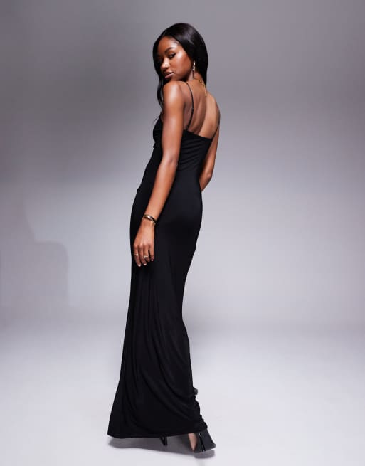 Fashionkilla double sculpted slinky cami ruffle side split maxi dress in black