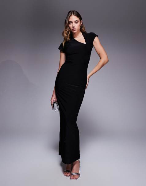 Fashionkilla double sculpted slinky cap sleeve slit maxi dress in black - view 1