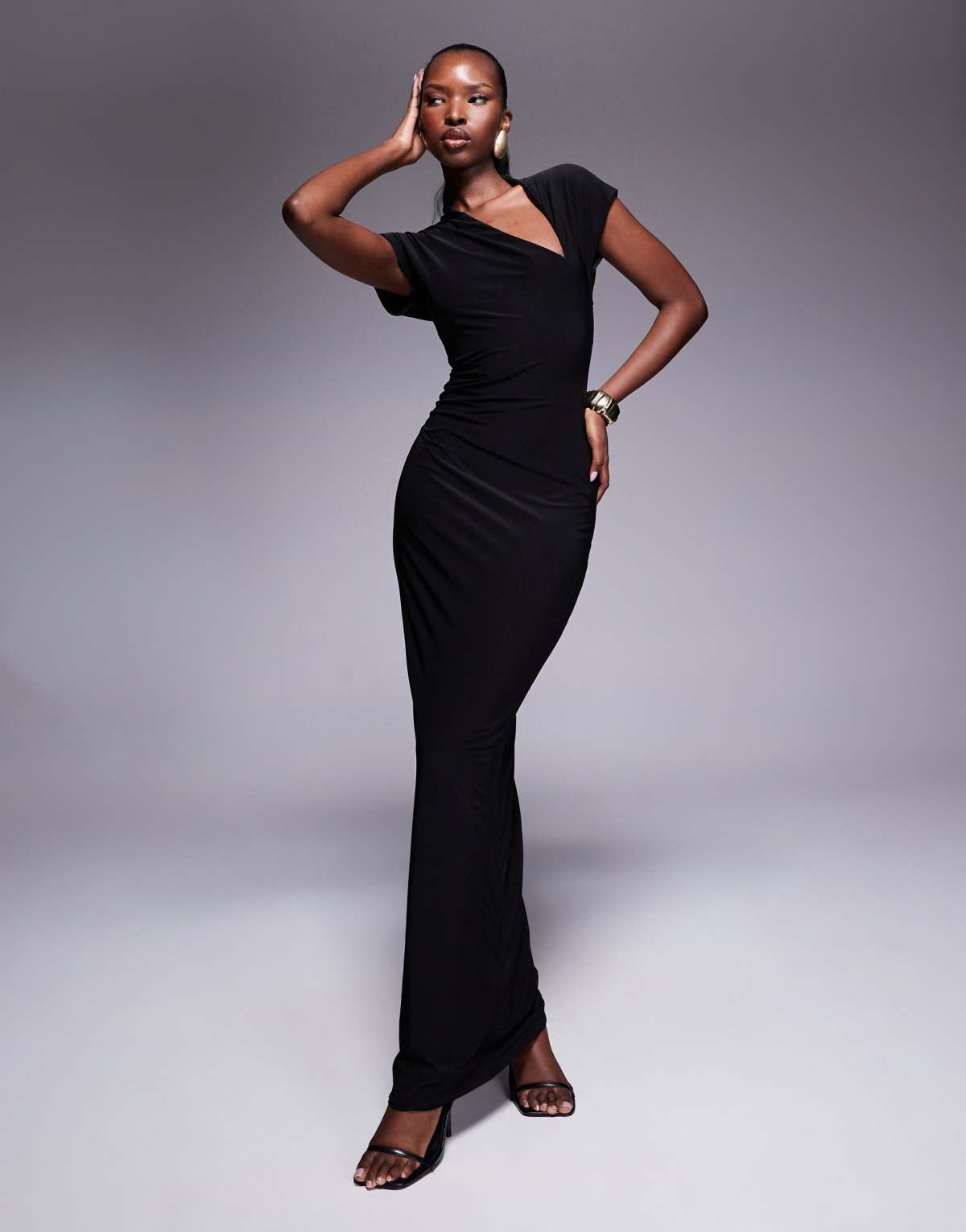 Fashionkilla double sculpted slinky cap sleeve slit maxi dress in black