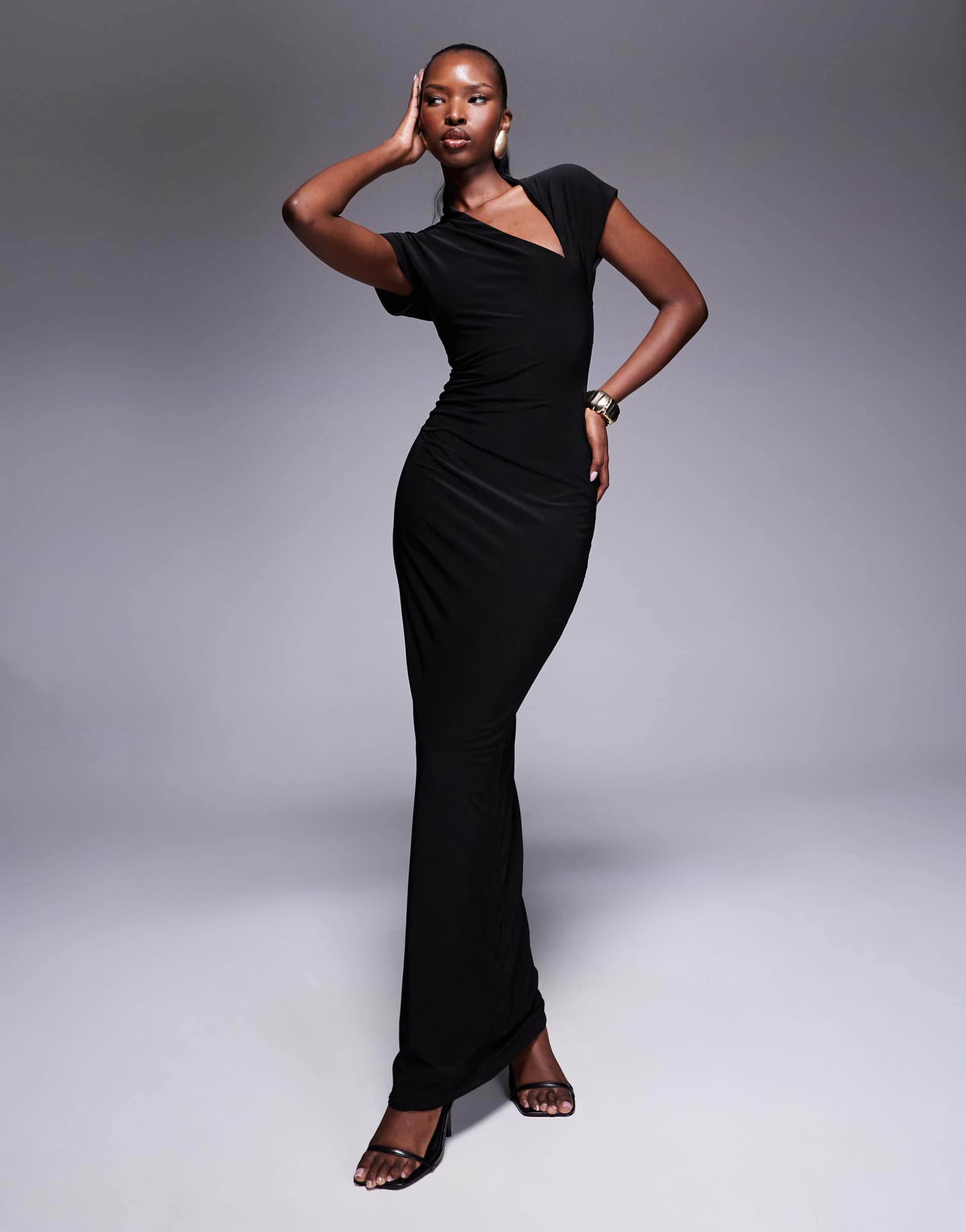 fashionkilla double sculpted slinky cap sleeve slit maxi dress in black