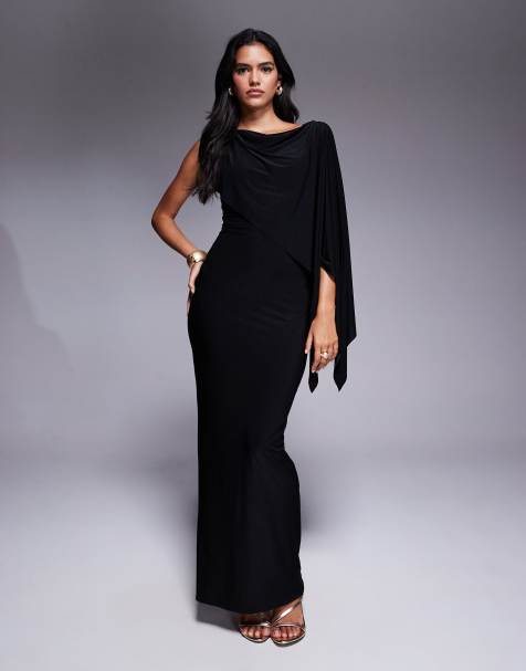 Fashionkilla double sculpted slinky cape style cowl back maxi dress in black - view 1