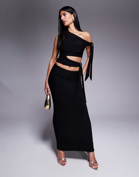 Fashionkilla double sculpted slinky column maxi skirt in black (part of a set) - view 1