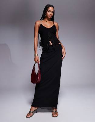 Fashionkilla Fashionkilla double sculpted slinky column mesh overlay maxi skirt co-ord in black