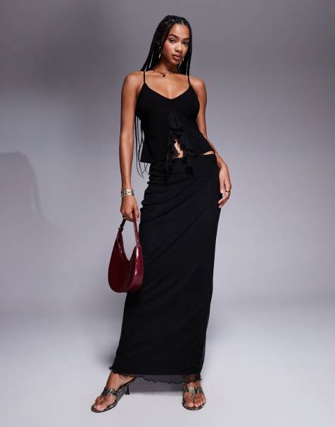 Fashionkilla double sculpted slinky column mesh overlay maxi skirt co-ord in black