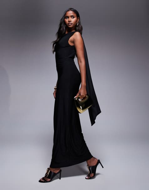 Fashionkilla double sculpted slinky high neck open back scarf detail maxi dress in black - view 1