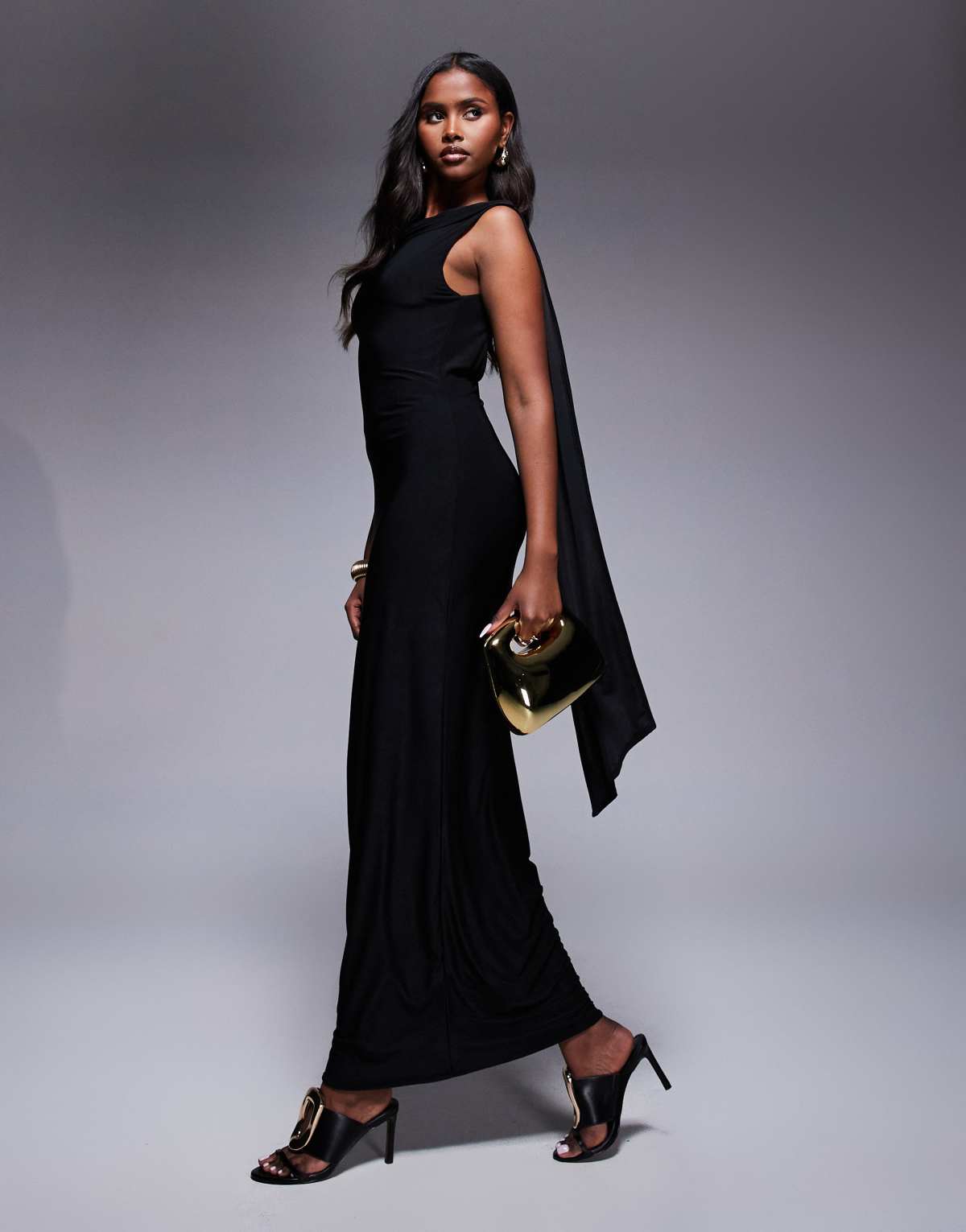 Fashionkilla double sculpted slinky high neck open back scarf detail maxi dress in black