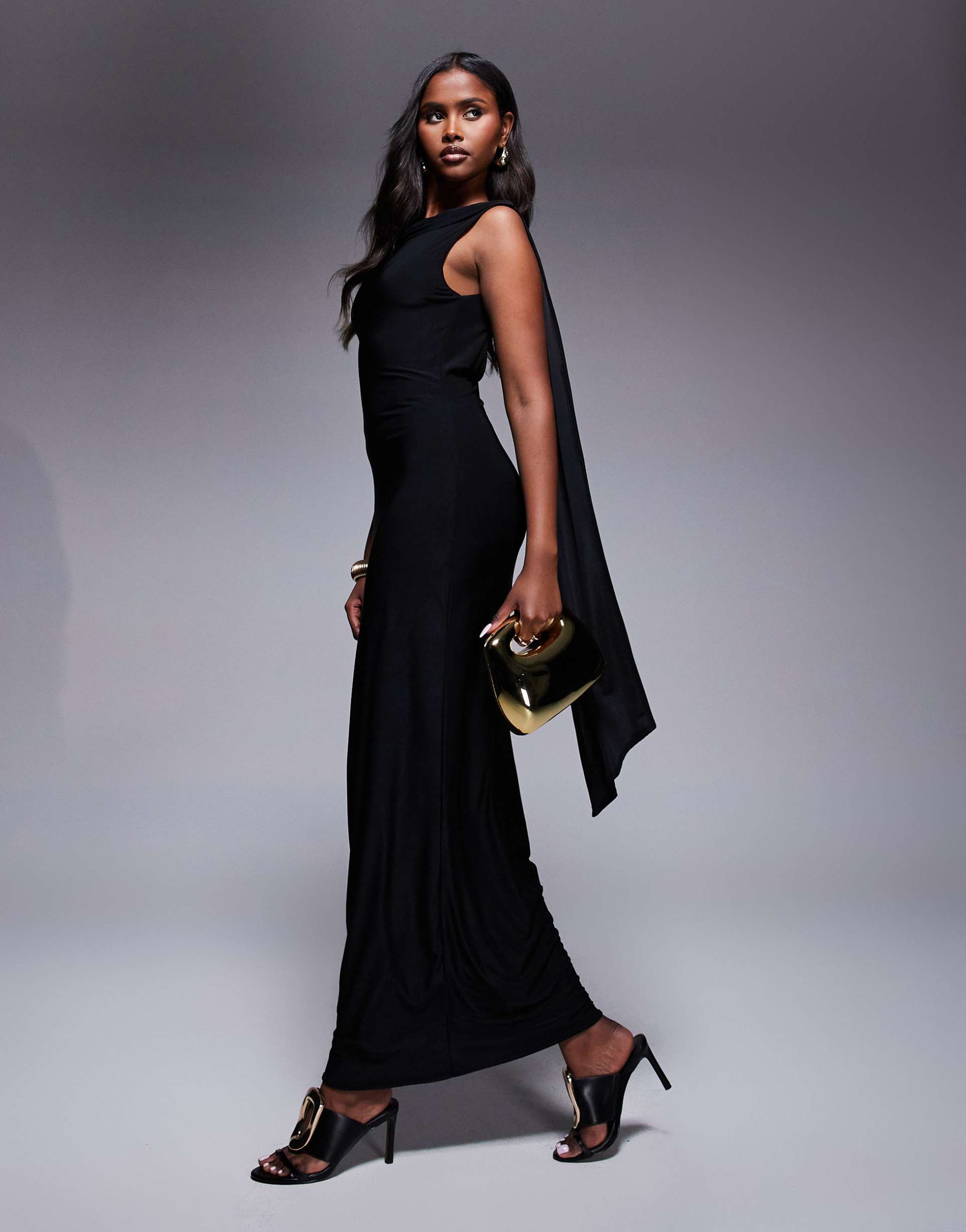 fashionkilla double sculpted slinky high neck open back scarf detail maxi dress in black