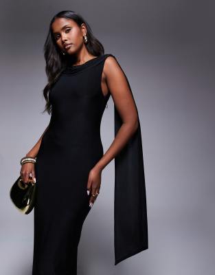 Fashionkilla Double Sculpted Slinky High Neck Open Back Scarf Detail Maxi Dress