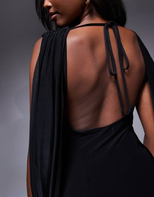 Fashionkilla double sculpted slinky high neck open back scarf detail maxi dress in Black