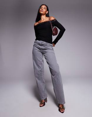 Fashionkilla Double Sculpted Slinky Lace Trim Off The Shoulder Long Sleeve Top In Black