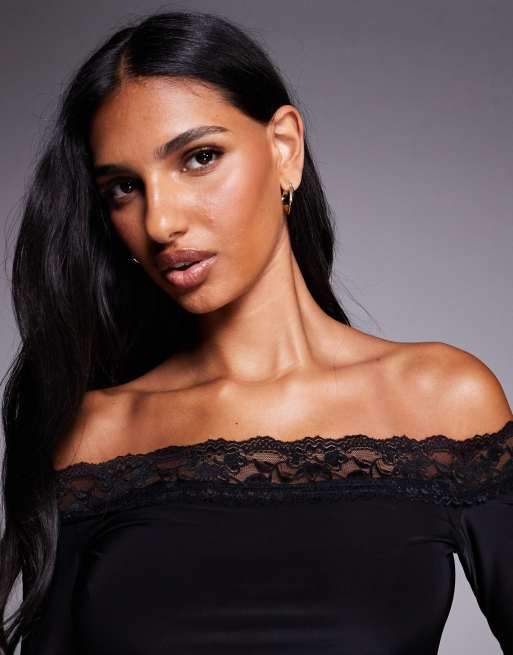 トップス S lace trim off shoulder tops BLACK ASOS DESIGN off shoulder lace trim top in black | ASOS
