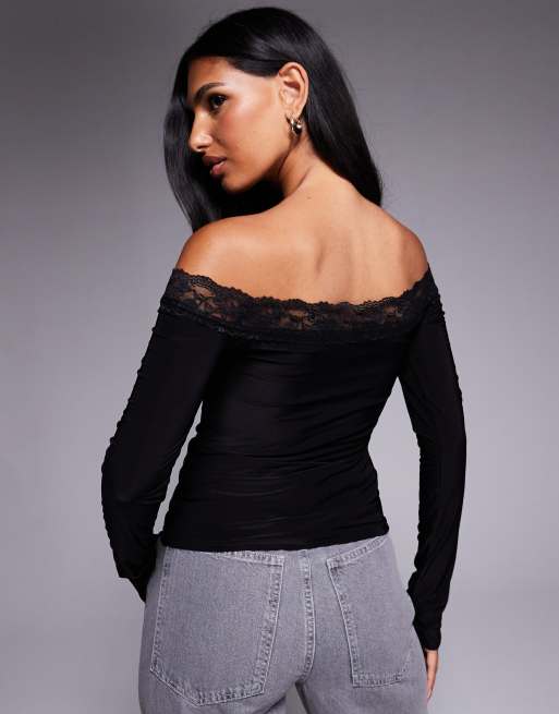 トップス S lace trim off shoulder tops BLACK Off the Shoulder Lace Tops