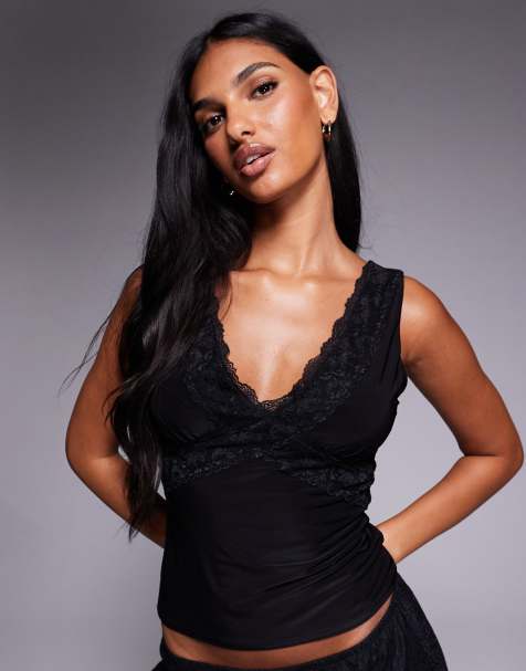Fashionkilla double sculpted slinky lace trim v neck tank top in black - view 1