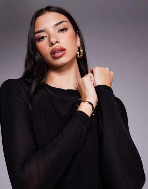 Fashionkilla double sculpted slinky long sleeve fold-over waist detail open tie back mini dress in black