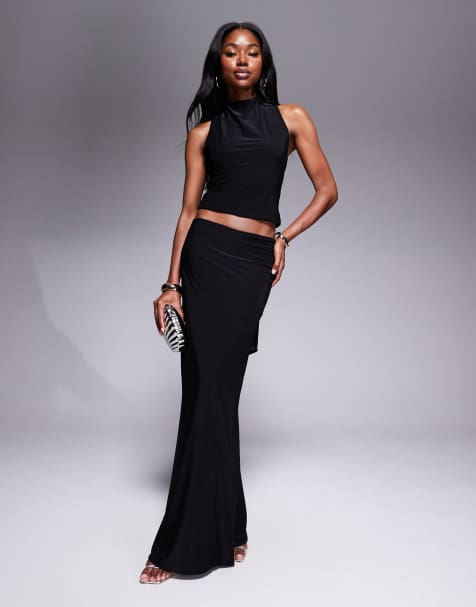 Fashionkilla double sculpted slinky maxi skirt co-ord in black - view 1