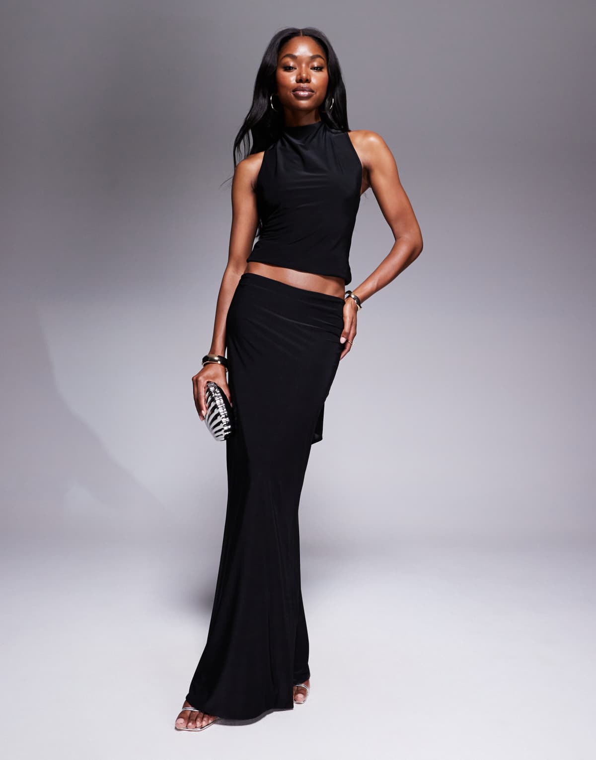 Fashionkilla double sculpted slinky maxi skirt co-ord in black