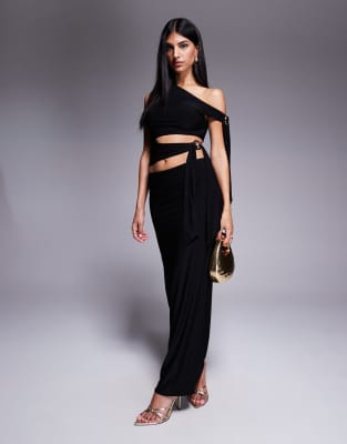 Fashionkilla double sculpted slinky metal trim tie side detail top and maxi skirt co-ord in black - view 1