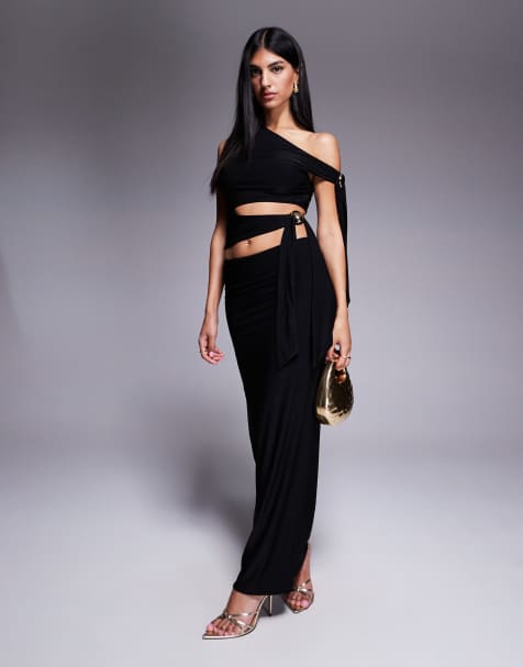 Fashionkilla double sculpted slinky metal trim tie side detail top and maxi skirt set in black - view 1