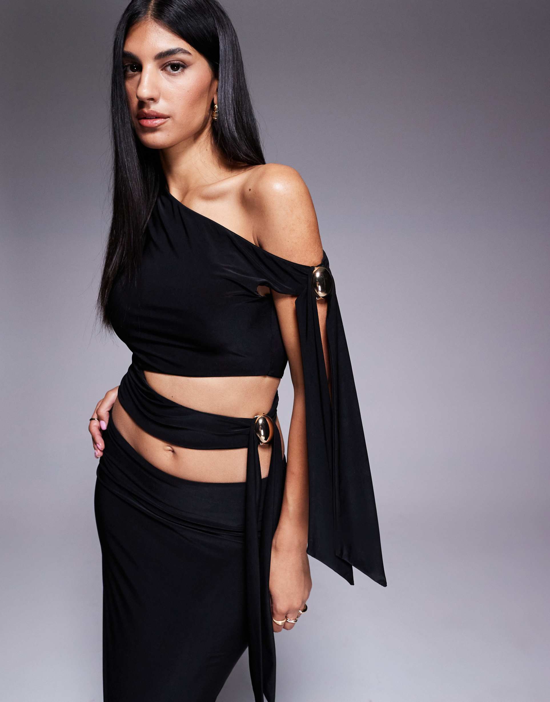 fashionkilla double sculpted slinky metal trim tie side detail top in black - part of a set