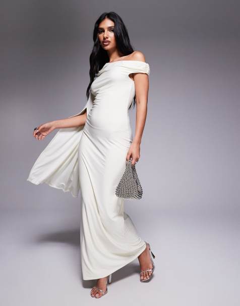 Fashionkilla double sculpted slinky one shoulder exaggerated sleeve maxi dress in off white - view 1