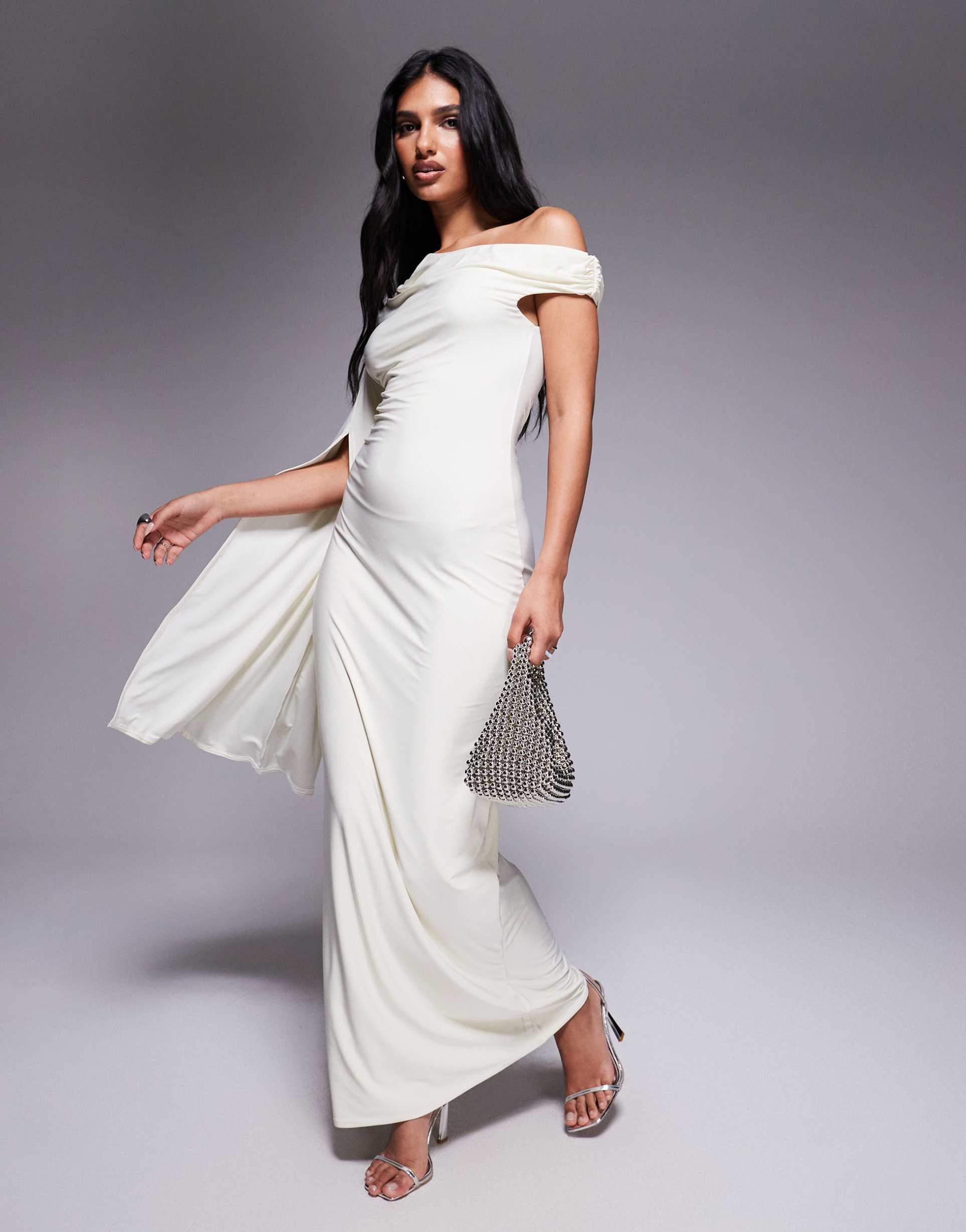 fashionkilla double sculpted slinky one shoulder exaggerated sleeve maxi dress in off white