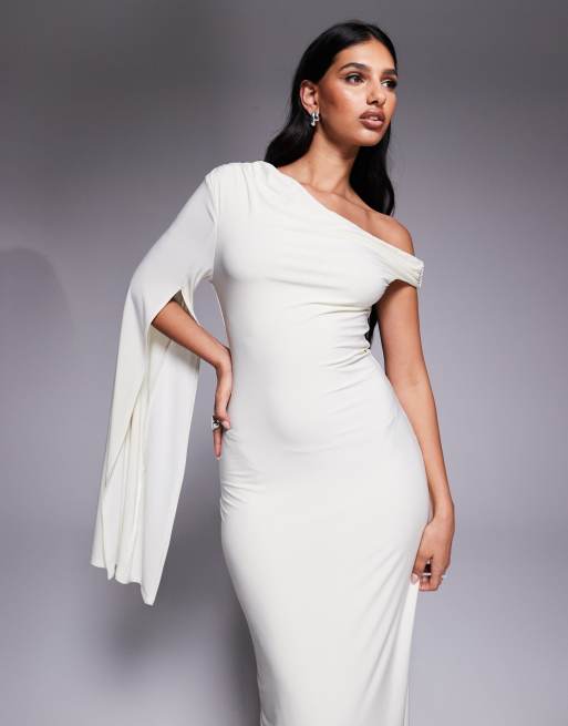 Fashionkilla double sculpted slinky one shoulder exaggerated sleeve maxi dress in off white