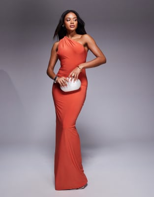 Fashionkilla Double Sculpted Slinky One Shoulder Open Back Metal Shell Detail Maxi Dress In Orange