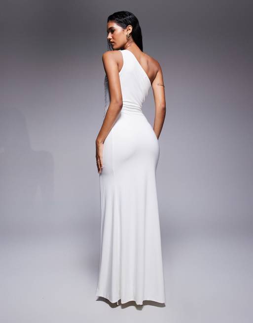 Fashionkilla double sculpted slinky one shoulder ruched side thigh split  maxi dress in white