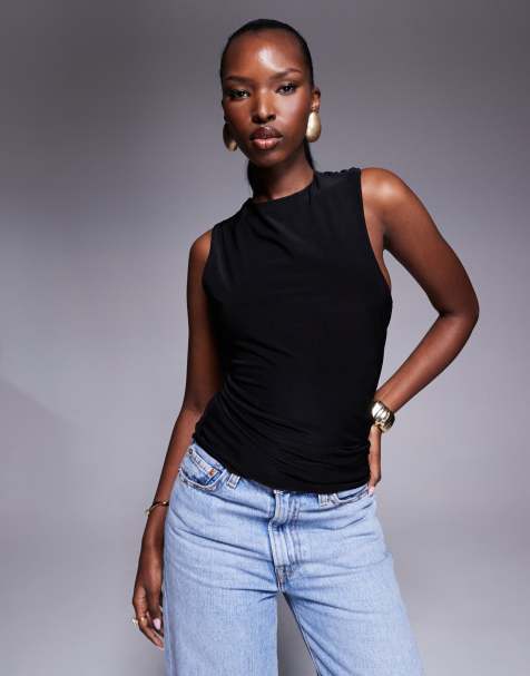 Fashionkilla double sculpted slinky open back drape detail top in black - view 1