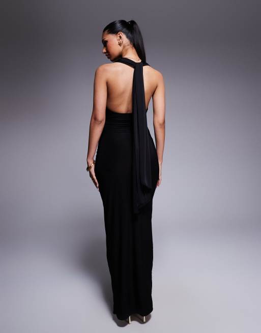 Fashionkilla double sculpted slinky open back knot detail maxi dress in  black | ASOS