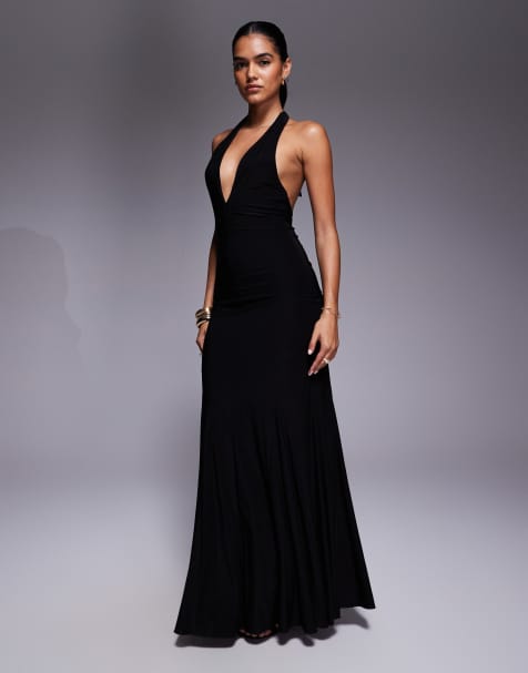 Fashionkilla double sculpted slinky plunge halterneck godet hem maxi dress in black - view 1