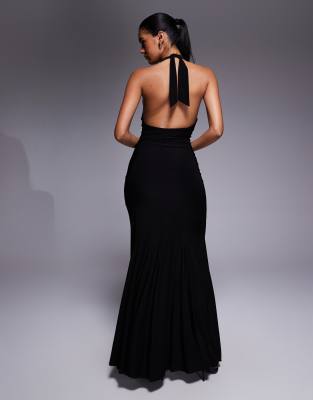 Fashionkilla Double Sculpted Slinky Plunge Halterneck Godet Hem Maxi Dress In Black