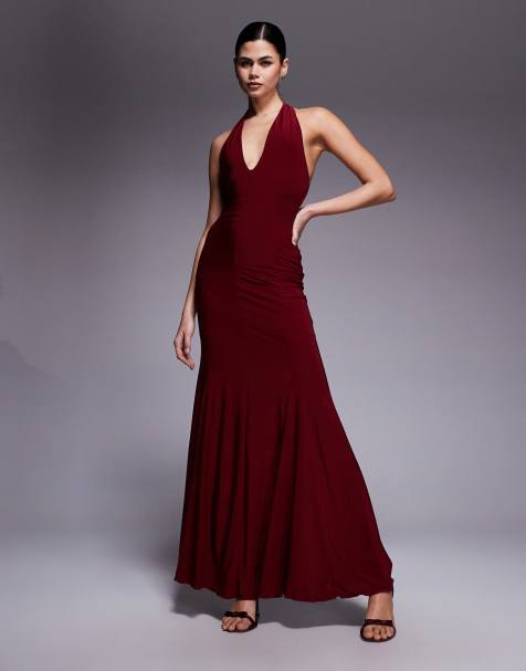 Fashionkilla double sculpted slinky plunge halterneck godet hem maxi dress in burgundy - view 1