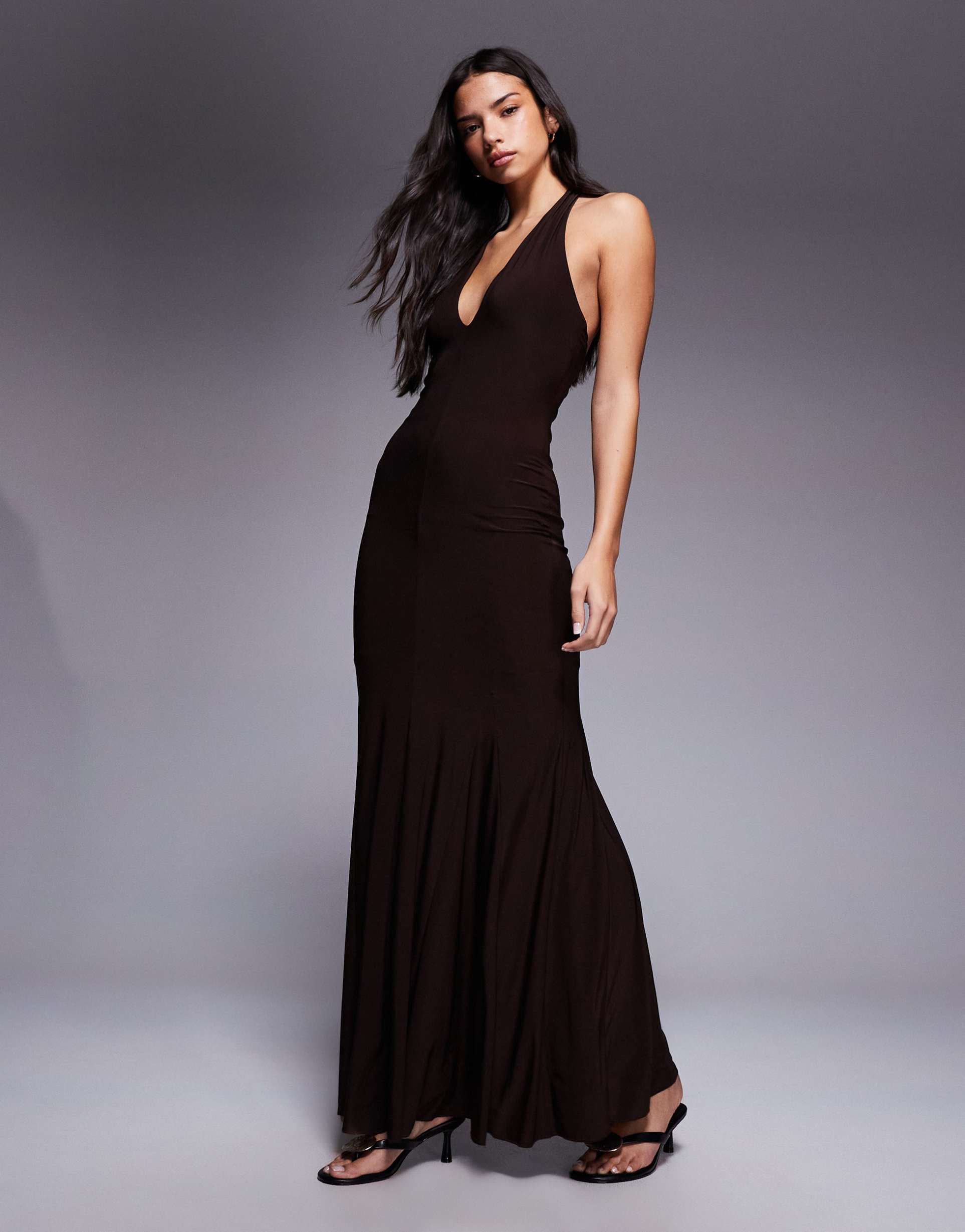 fashionkilla double sculpted slinky plunge halterneck godet hem maxi dress in chocolate