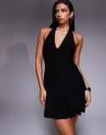 [Fashionkilla] Fashionkilla double sculpted slinky plunge halterneck godet hem mini dress in black 8 BLACK