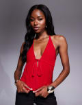 [Fashionkilla] Fashionkilla double-sculpted slinky plunge tie front halterneck top in red 4 RED