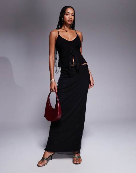 Fashionkilla double sculpted slinky ruffle front mesh overlay top and maxi skirt set in black - view 1