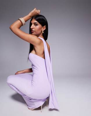 double sculpted slinky scarf detail maxi dress in lilac-Purple