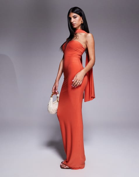 Fashionkilla double sculpted slinky scarf detail maxi dress in orange - view 1