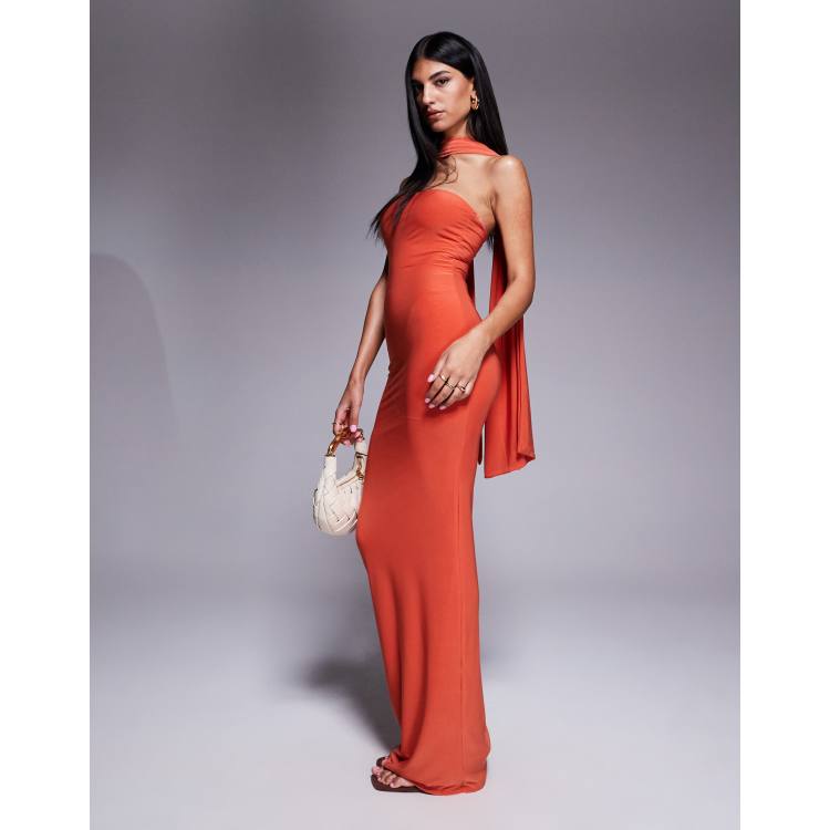 Fashionkilla double sculpted slinky scarf detail maxi dress in orange | ASOS