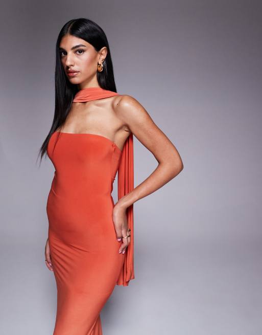 Fashionkilla double sculpted slinky scarf detail maxi dress in orange