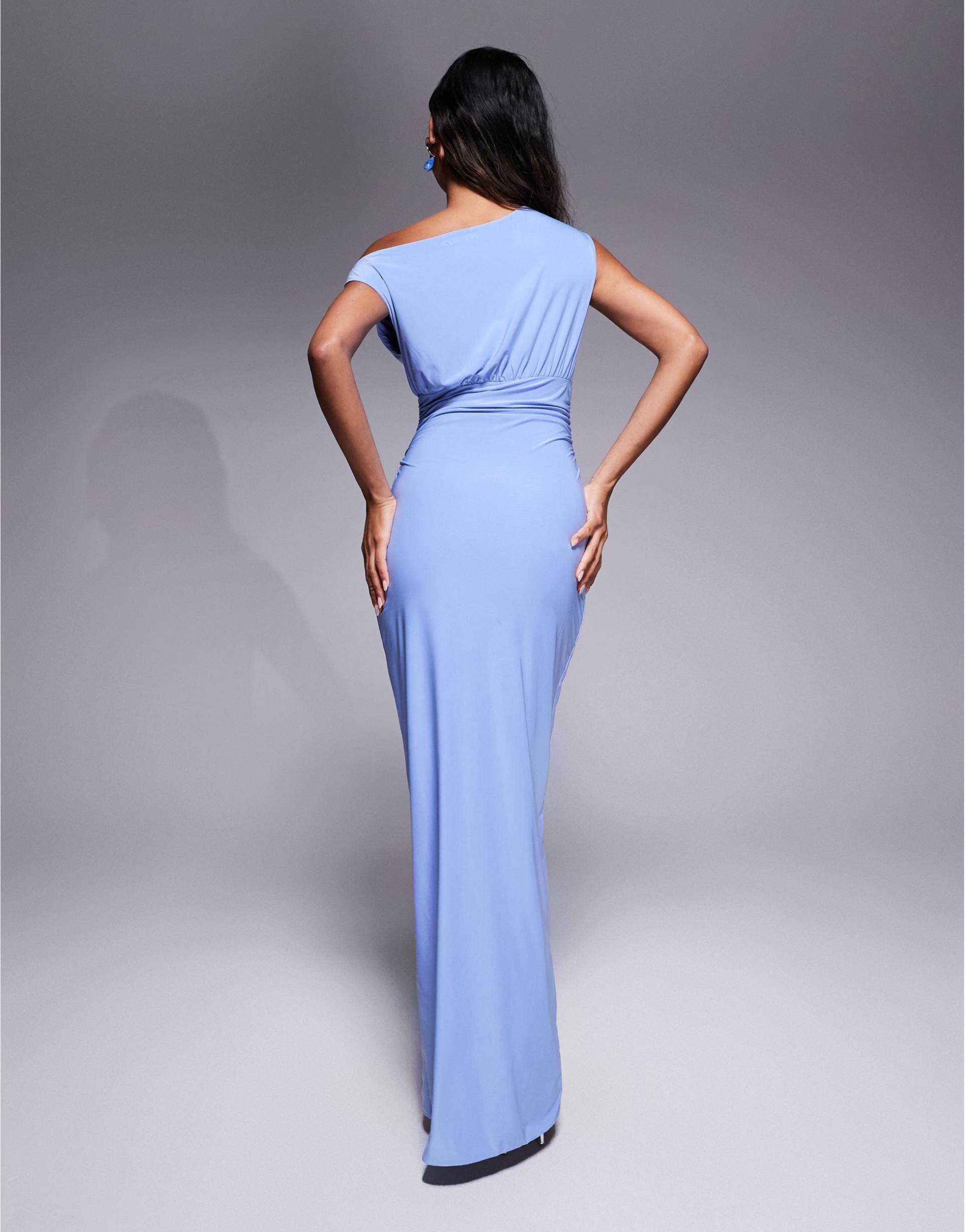 fashionkilla double sculpted slinky sleeveless asymmetric neck ruched bodycon maxi dress in baby blue