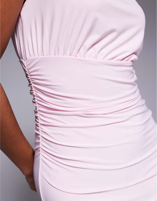 Fashionkilla double sculpted slinky sleeveless asymmetric neck ruched  bodycon maxi dress in baby pink | ASOS