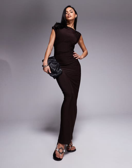 Fashionkilla double sculpted slinky sleeveless asymmetric neck ruched bodycon maxi dress in black